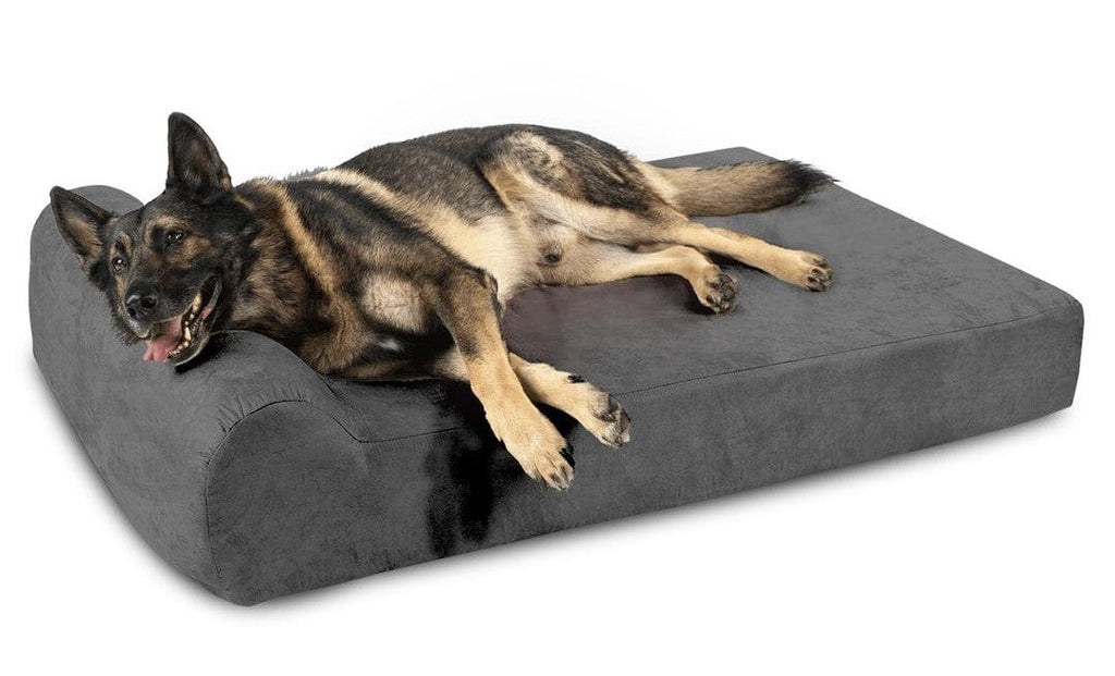 Happy German Sheperd laying on charcoal colored Big Barker Dog Bed Headrest Edition