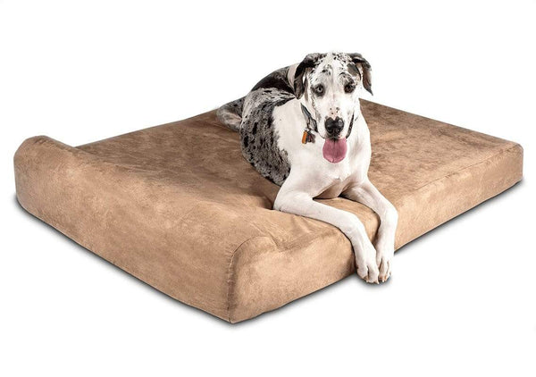 Great Dane laying on the khaki colored Big Barker Dog Bed Headrest Edition