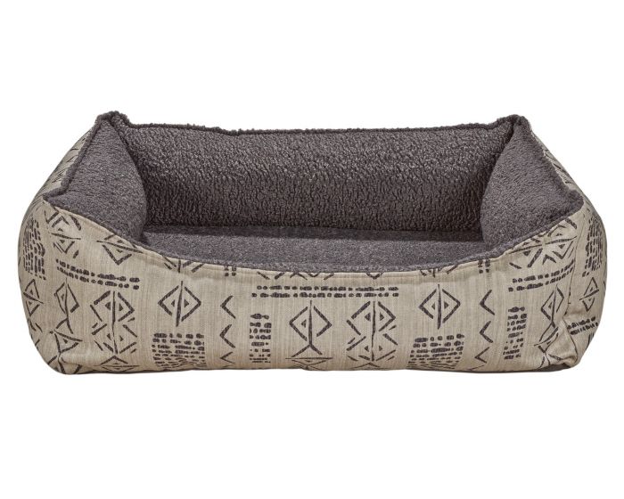 The Mayan style of Bowsers scoop bed has a faux fur gray interior with an exterior that has native themed sketches over a tan color 