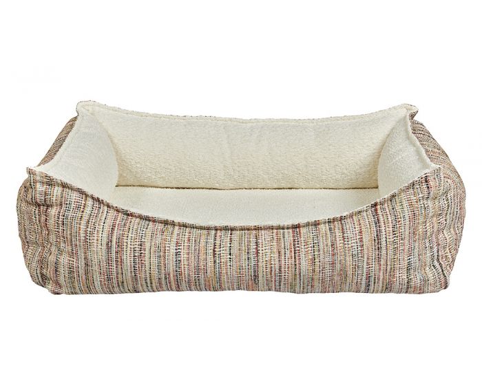 The bowsers sorrento scoop dog bed. It has four bolsters on each side with the front scooping down. Sorrento style is tri-colored with thin stripes