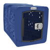 The dakota 283 dog kennel blue edition is royal blue with a metal mesh black door. It's circular holes on the left side are also on the right side. 